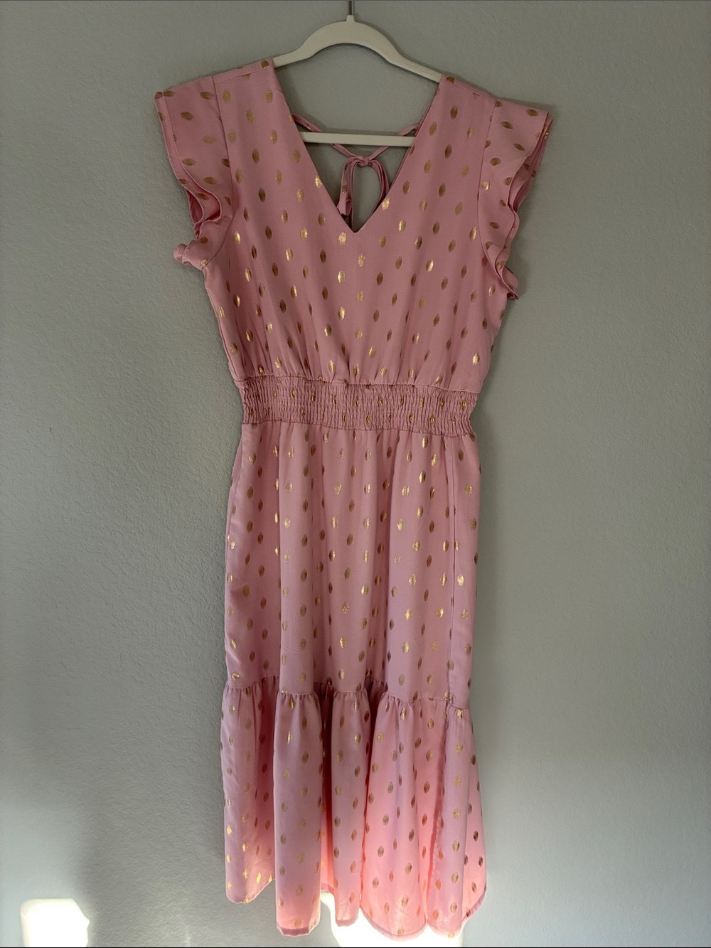 Women's Pink Midi Dress with Gold Dot Detail